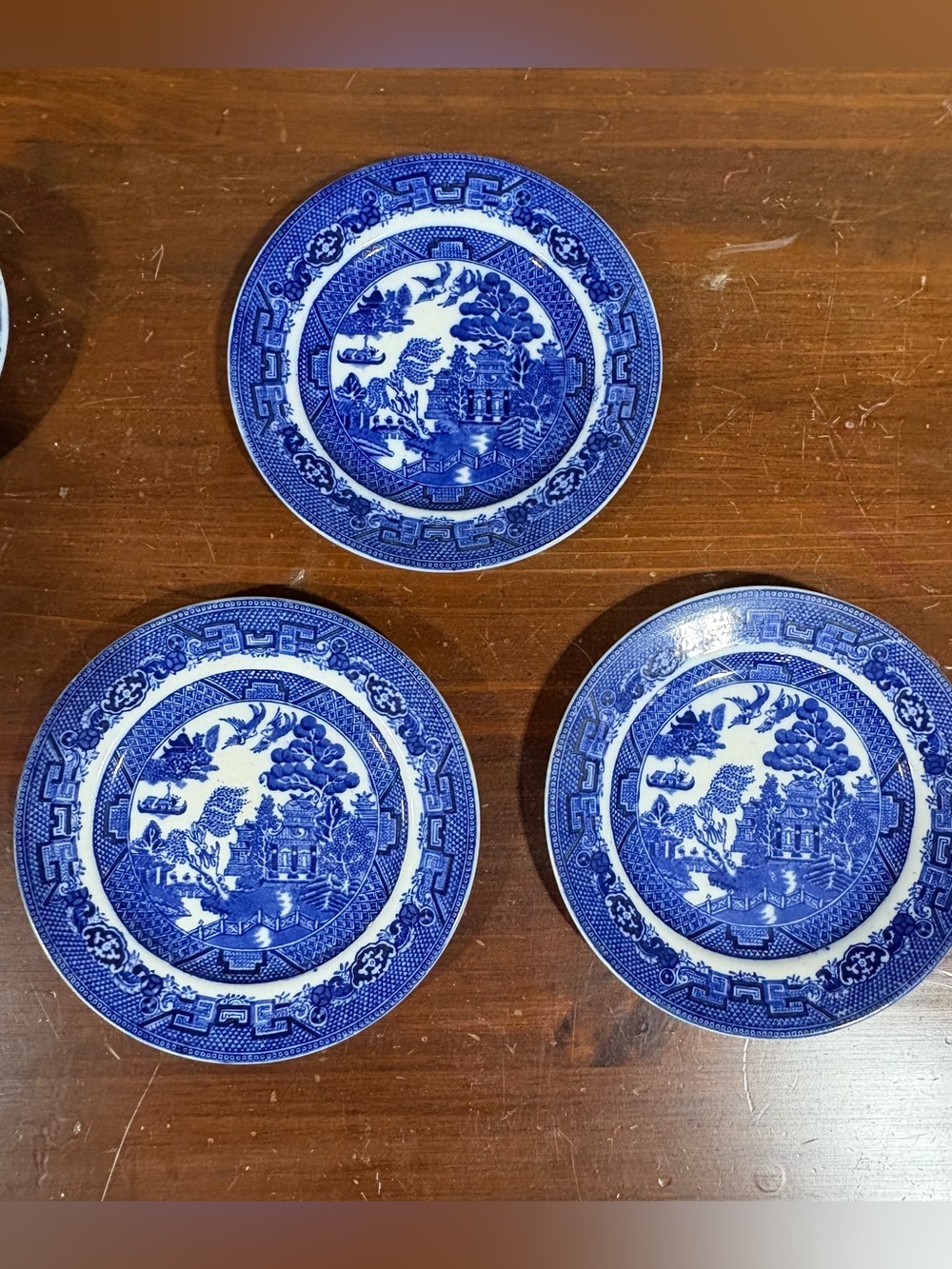Allerton’s Ltd. Blue Willow 3 Salad/Dessert Plates Blue and White Chinoiserie.